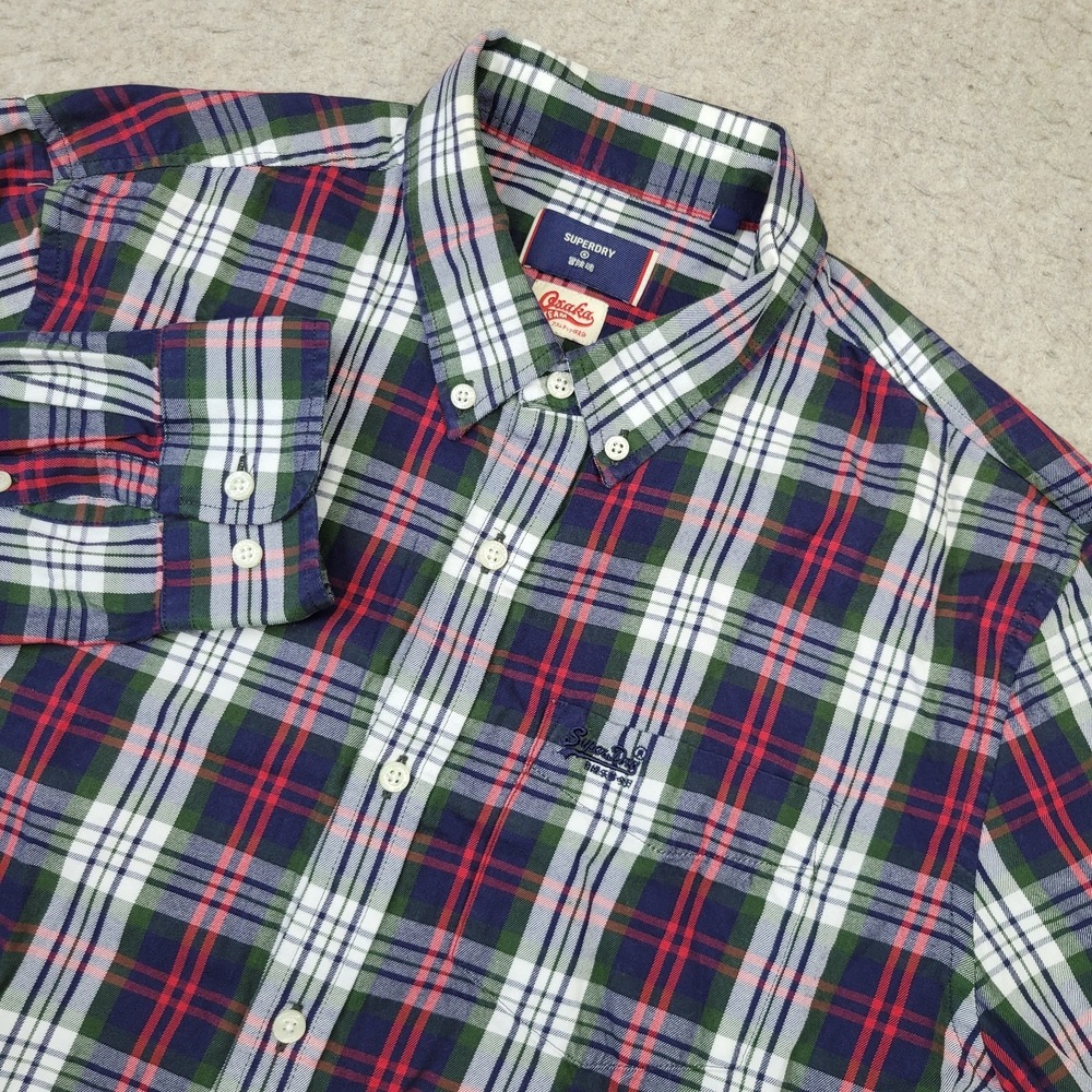 Superdry Team Osaka Shirt Mens L Blue Red Tartan Plaid Long Sleeve